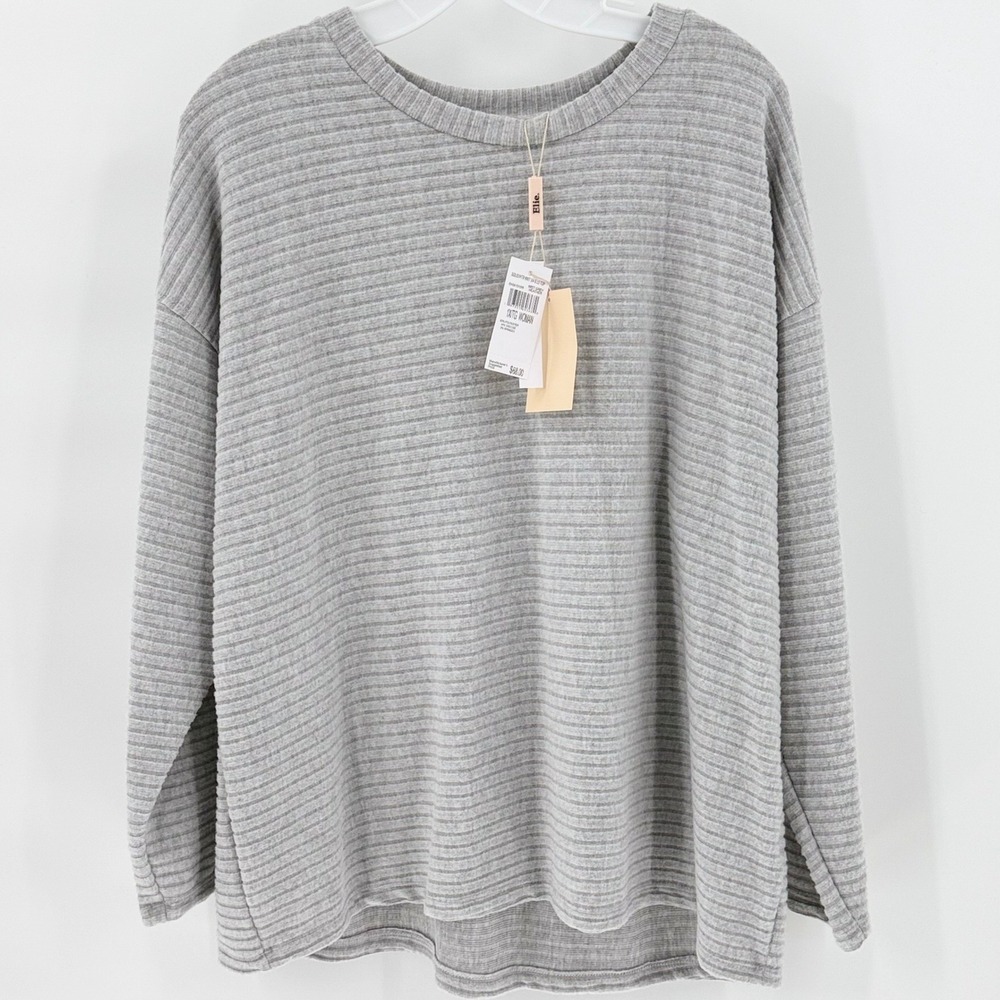 ELIE TAHARI Woman Plus 1X Gray Ribbed Knit 3/4 Sleeve Relaxed Top NWT